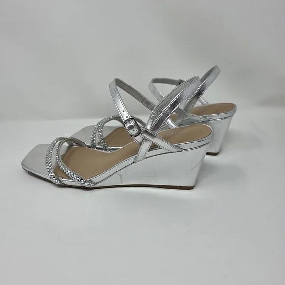 Womens Size 8.5 Silver Rhinestone Square Open Toe Strappy Wedge Sandals Elegant - Picture 3 of 10